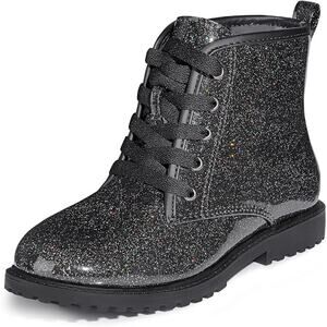 Fitory Girls Size 11 Black Sparkle Glitter Lace Up  Side ZIp Ankle Combat Boots